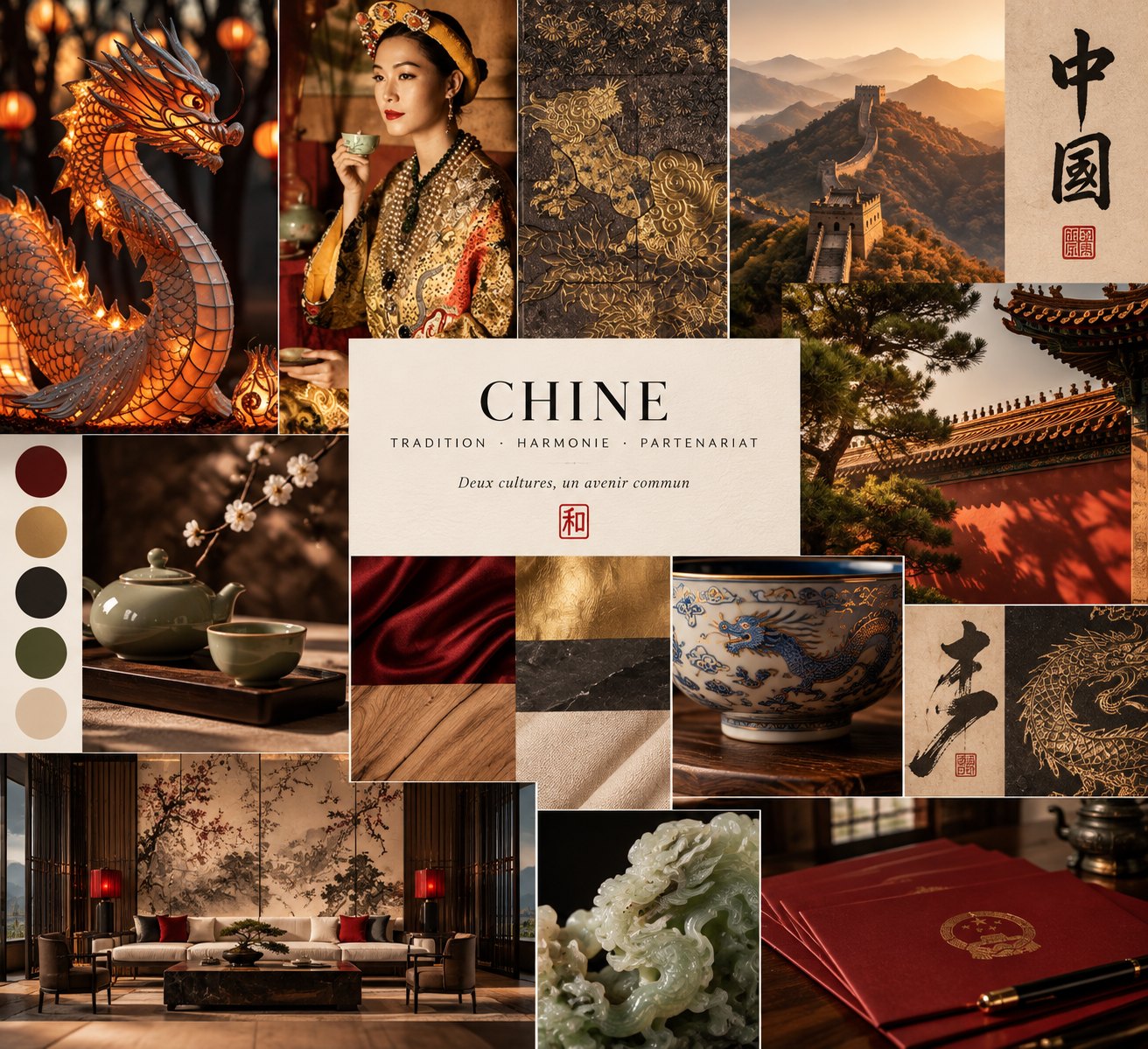 中国情绪板：传统、和谐、合作，含色彩方案、材质与文化参考