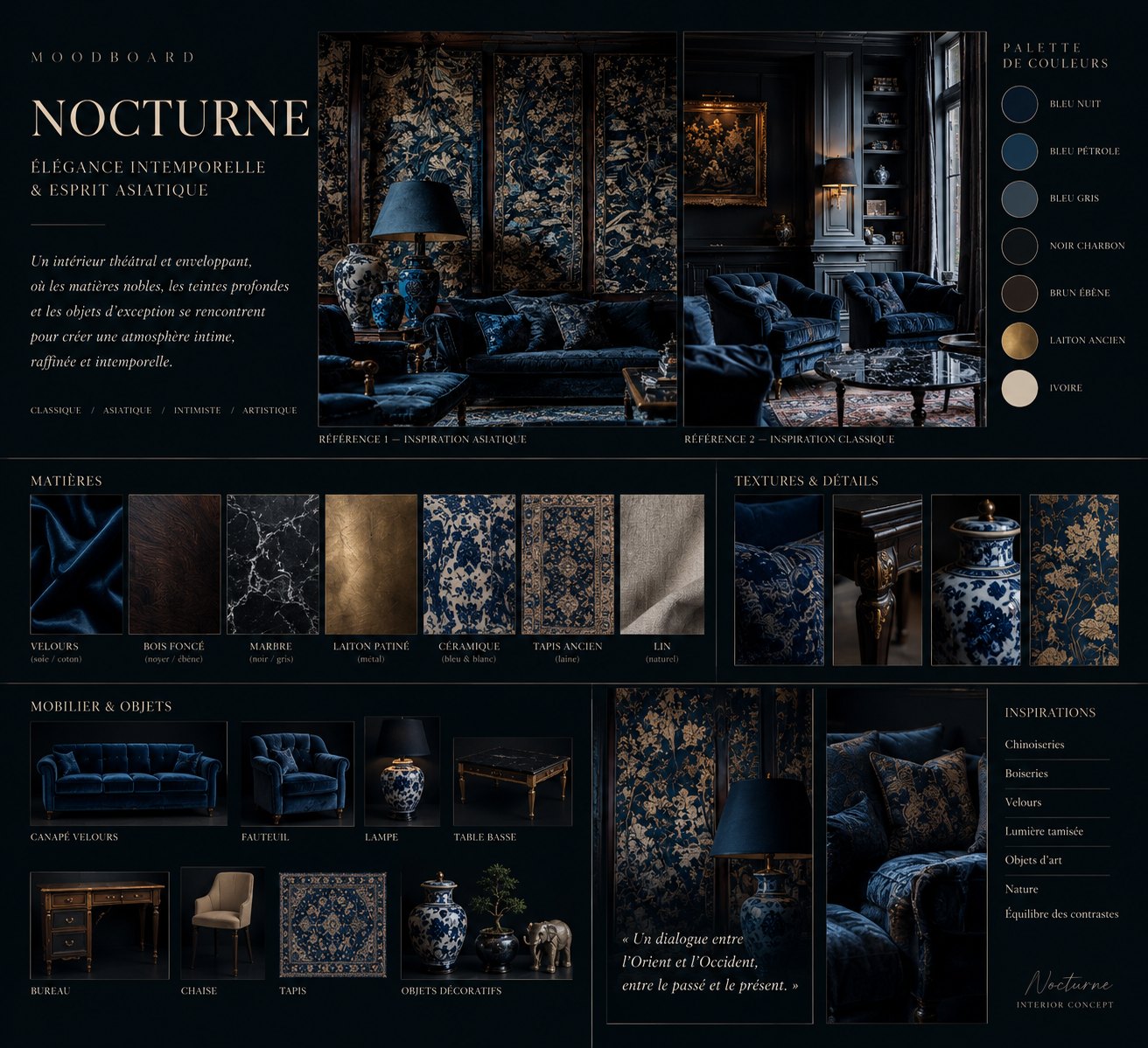 Nocturne moodboard: palette, materials, textures, furniture and inspirations