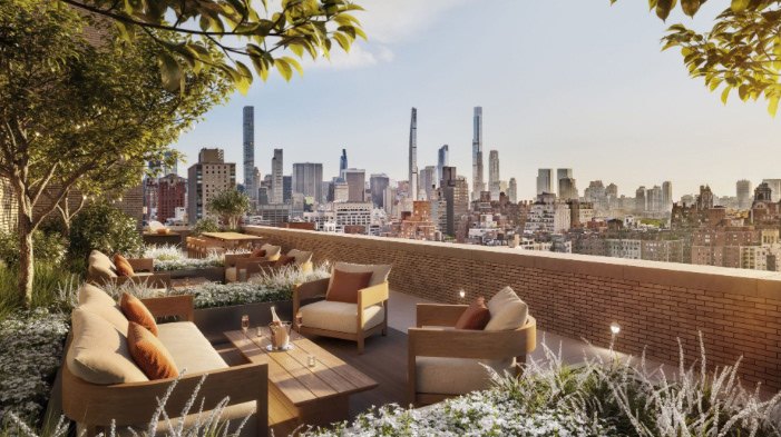 Rooftop terrace with planting and views of Midtown's towers